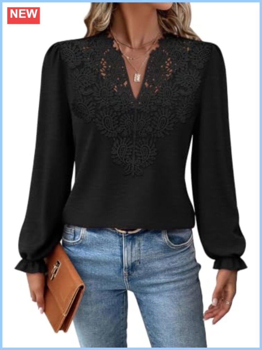 Womens Lace Long Sleeve Boho V Neck Blouse Ruffle Cuff Top
